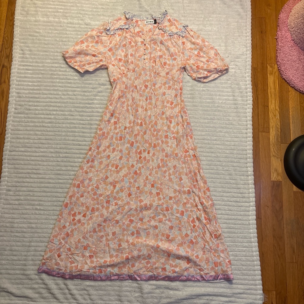 RIXO Pink and Orange Floral Midi Dress